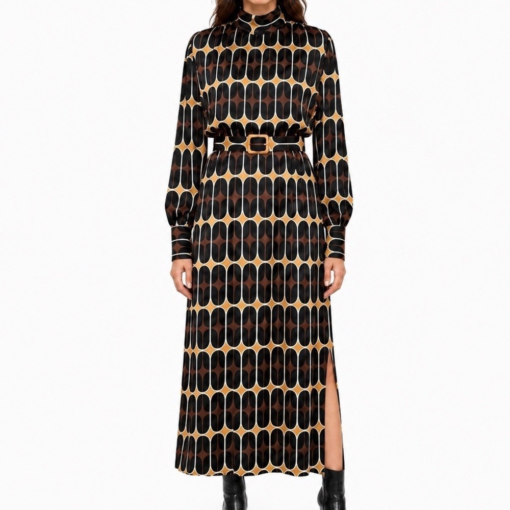 ZARA Geometric Print Maxi Dress Medium Mod High Neck Belted Long Sleeve Autumnal